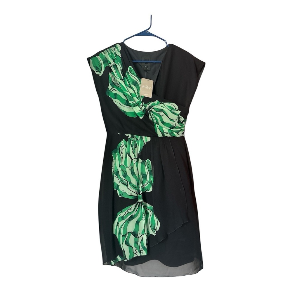 NWT Anthropologie Anna Sui Black Green Silk Chiffon Ruched Knot Dress Size 2